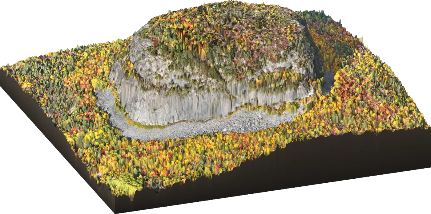 Modèle 3D du mont Chaudron, dôme de roc entouré de la forêt d'automne